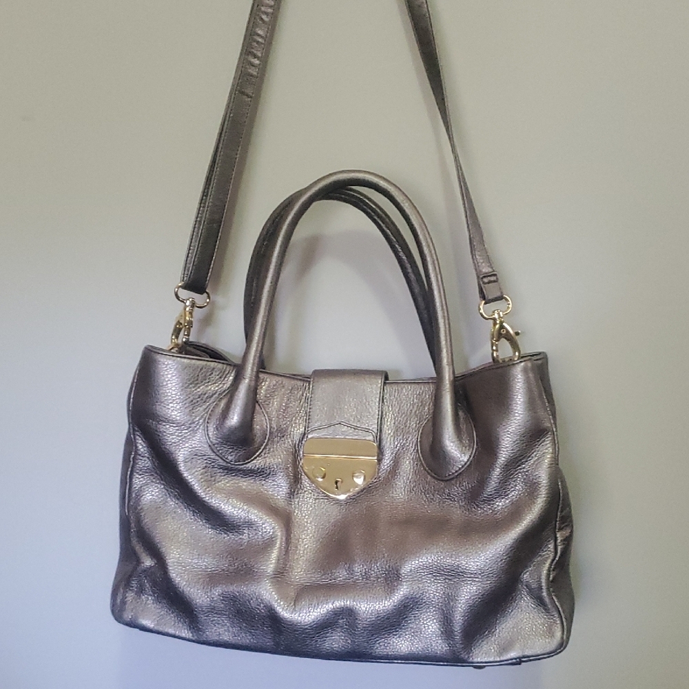 B-low the belt Metallic Gray Leather Satchel Bag with Gold Hardware